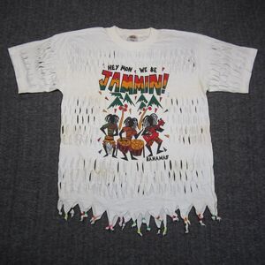VTG 80s Perforated Distress Shirt XL White Reggae Rasta Graphic‎ Souvenir RARE